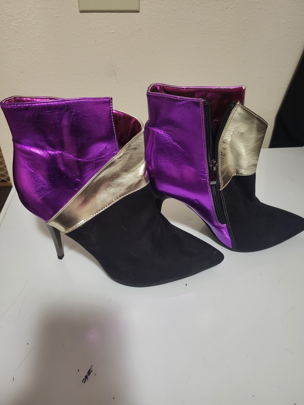 Metallic Purple & Gold Pointed Toe Ankle Boots - Women